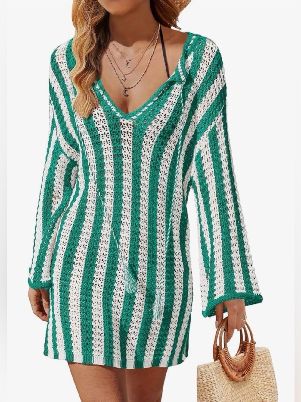 Boutique Open Knit Swim Cover Green & White Striped beach Tunic Small